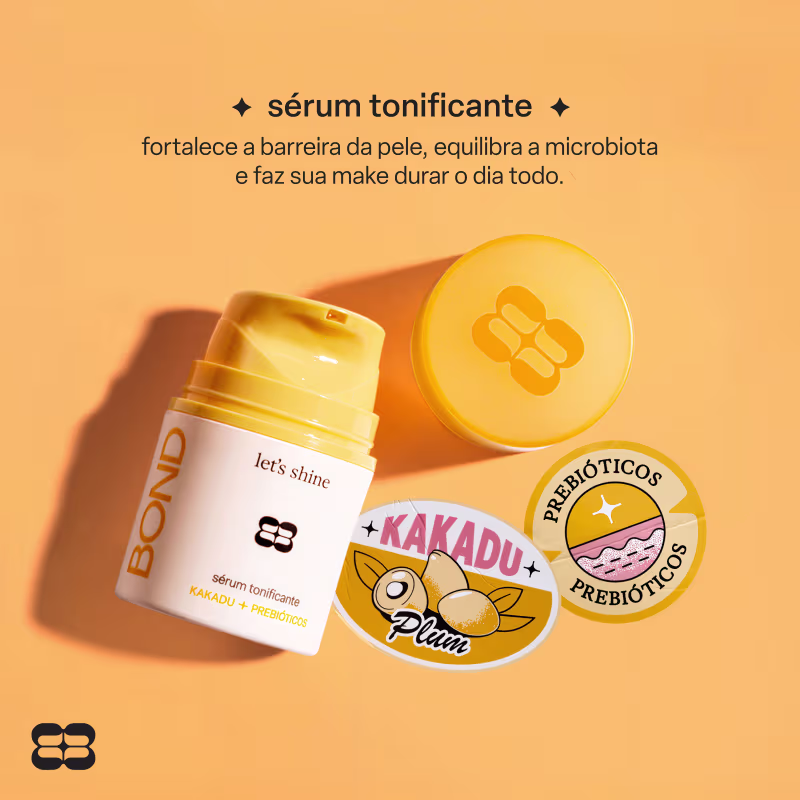Sérum tonificante da marca Bond Rio que fortalece a barreira da pele, equilibra a microbiota e faz sua make durar o dia todo, com embalagem amarela e logotipo da marca.
