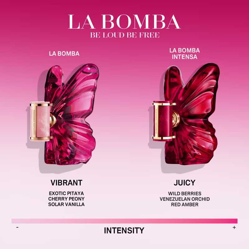 Comparação dos perfumes La Bomba e La Bomba Intensa em formato de borboleta em tons de vermelho vibrante, em um fundo rosa intenso, com texto descritivo sobre as fragrâncias.