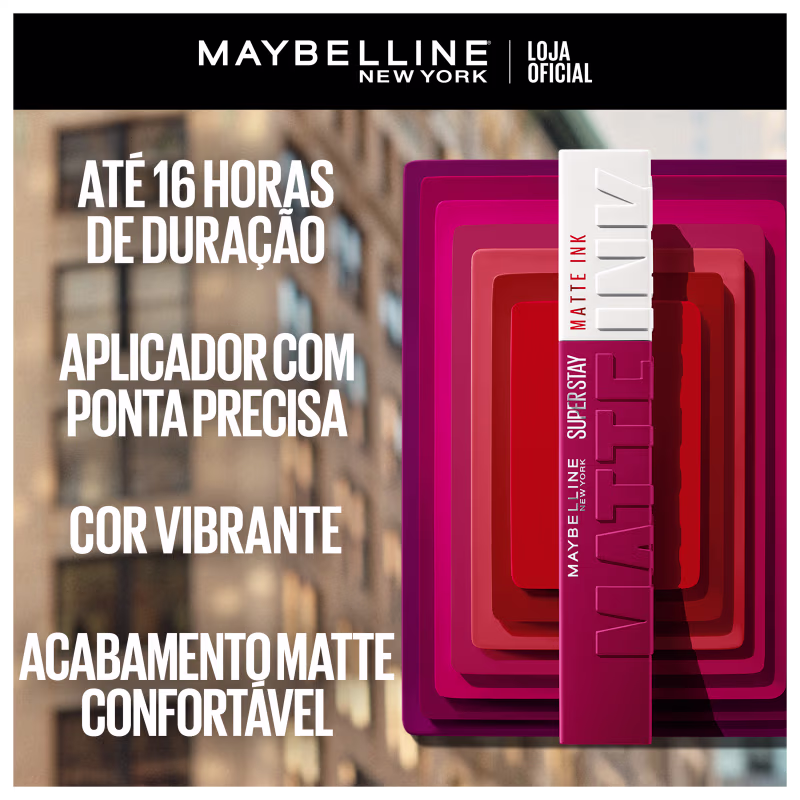 Embalagem de item de perfumaria da marca Maybelline New York com texto "Até 16 horas de duração", "Aplicador com ponta precisa" e "Cor vibrante acabamento matte confortável".