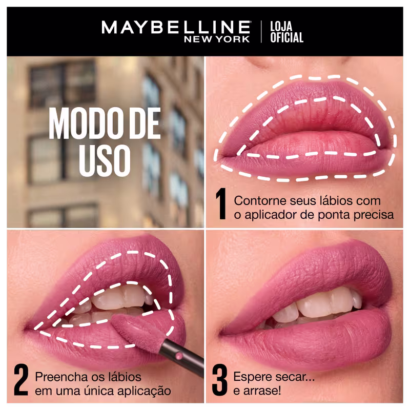 Imagem de produto de maquiagem da marca Maybelline New York, com instruções de aplicação em português, incluindo contornar os lábios com aplicador de ponta precisa, preencher os lábios em uma única aplicação e esperar secar.