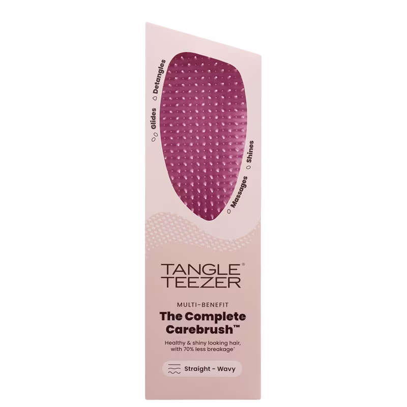 Tangle Teezer The Complete Carebrush, um produto de beleza multi-benefício em embalagem rosa com detalhes em textura pontiaguda, indicado para cabelos lisos a ondulados.