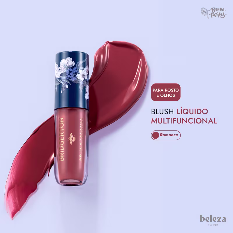 Embalagem de blush líquido multifuncional da marca Bruna Tavares na cor Romance, com textura cremosa e brilhante.