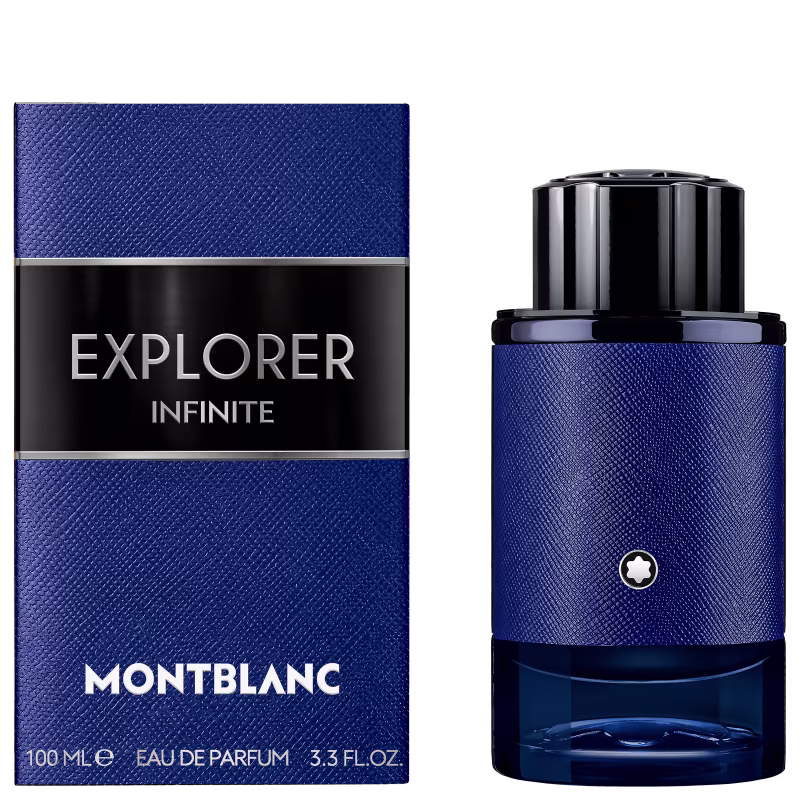 Frasco de perfume Montblanc Explorer Infinite, com embalagem azul escura e preta, contendo 100 ml de eau de parfum. O rótulo exibe o nome da marca e do produto em letras prateadas.