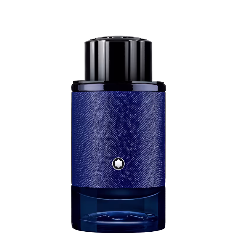 Frasco de perfume Montblanc de cor azul escuro com textura de couro, tampa preta e logotipo da marca. Embalagem elegante e sofisticada em estilo minimalista.