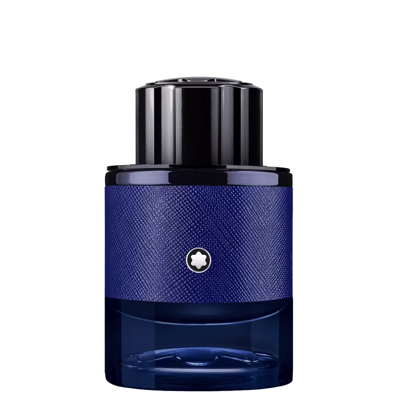 Frasco de perfume Montblanc em tom azul escuro com textura de couro, tampa preta e logotipo da marca. Embalagem elegante e sofisticada em design minimalista.