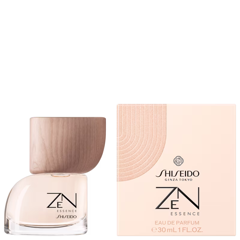 Frasco de item de perfumaria da marca Shiseido, com embalagem de papelão bege e branca, contendo texto "ZEN ESSENCE" em preto.