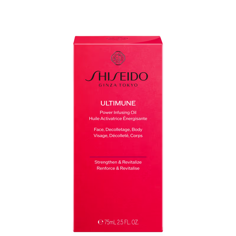 Caixa vermelha com logotipo Shiseido e texto "ULTIMUNE Power Infusing Oil" em inglês, indicando um item de perfumaria em embalagem de frasco.