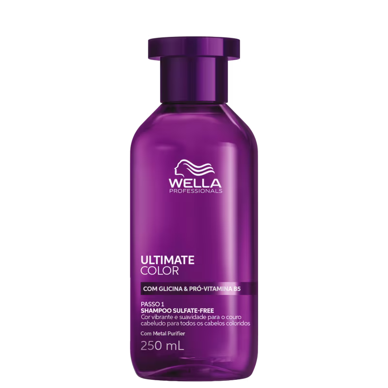 Frasco de shampoo da linha Ultimate Color da Wella Professionals, com 250 ml, em embalagem roxa com detalhes em branco, contendo informações sobre a fórmula com glicina e pró-vitamina B5.