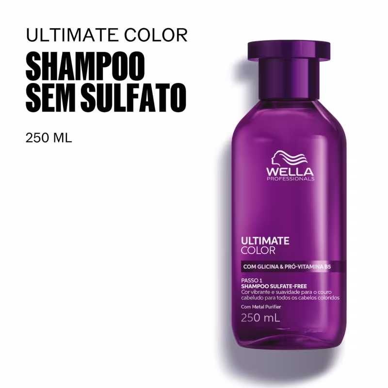 Frasco de shampoo sem sulfato da linha Ultimate Color da Wella Professionals, com 250 ml de capacidade, em embalagem roxa com detalhes em branco, destacando a presença de glicina e pró-vitamina B5 na fórmula.