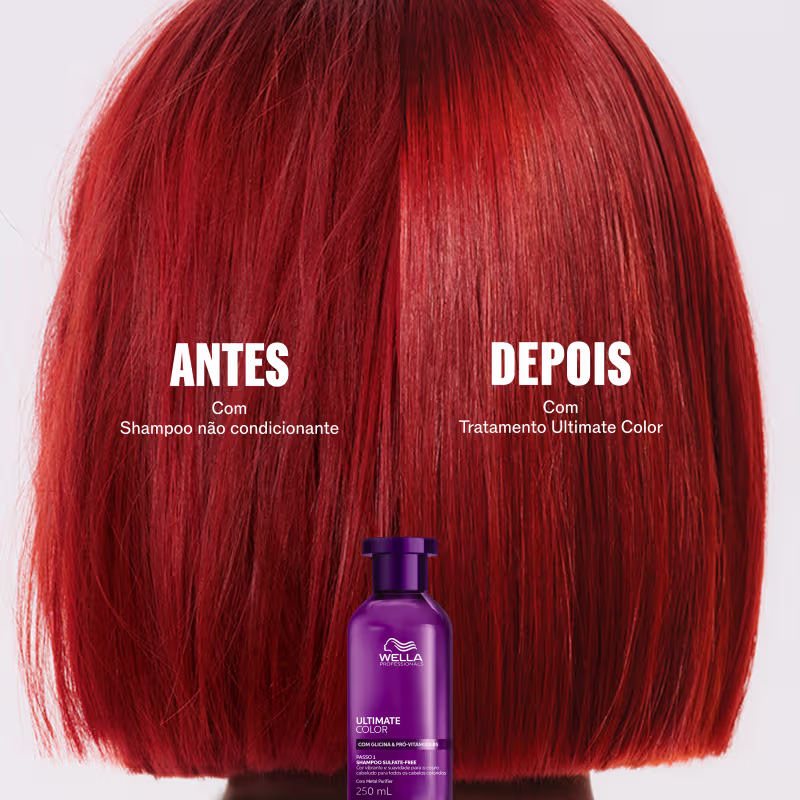 A imagem mostra um tratamento de cor de cabelo da marca Wella Professionals, com o produto Ultimate Color destacado em uma embalagem roxa. O antes e depois do tratamento são exibidos, com o cabelo vermelho brilhante após a aplicação do produto.