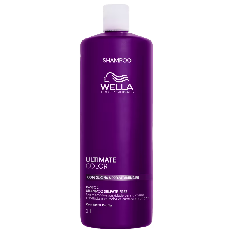 Frasco de shampoo da linha Ultimate Color da Wella Professionals, com 1 litro, em embalagem roxa com detalhes em branco, contendo informações sobre a fórmula com glicina e pró-vitamina B5.