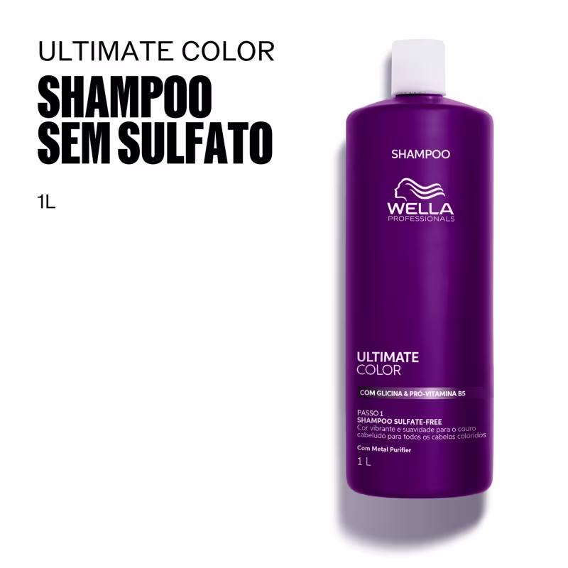 Frasco de shampoo sem sulfato da linha Ultimate Color da Wella Professionals, com 1 litro de capacidade, em embalagem roxa com detalhes em branco, destacando a presença de glicina e pró-vitamina B5 na fórmula.