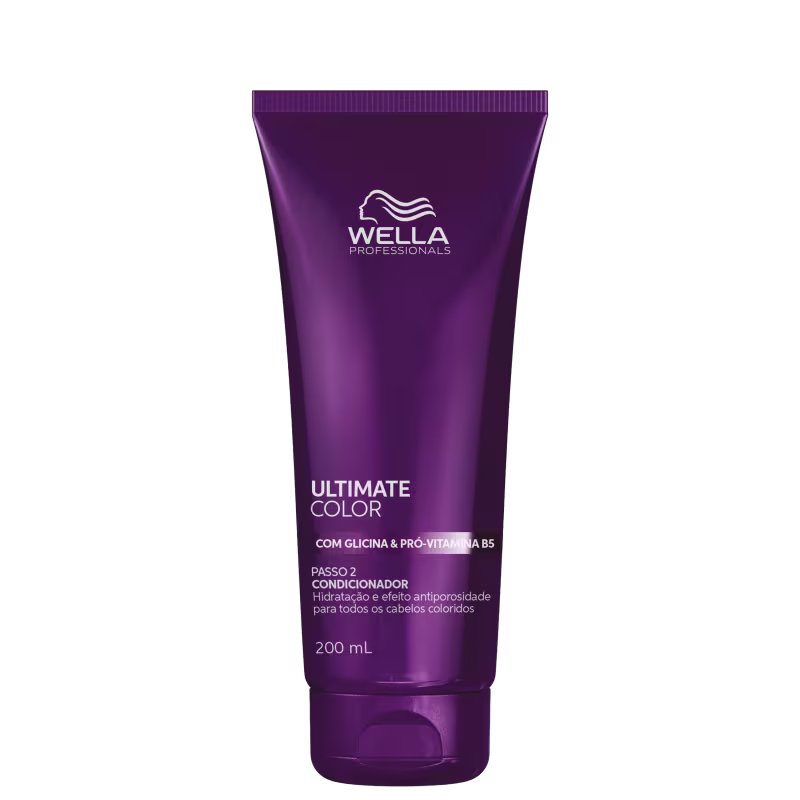 Frasco de condicionador da linha Ultimate Color da Wella Professionals, com 200 ml de volume, embalagem roxa com logo da marca, contendo informações sobre os benefícios do produto.