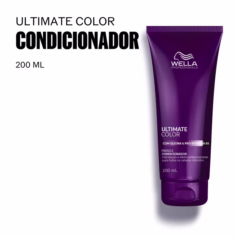 Condicionador Ultimate Color da Wella Professionals, em embalagem de 200 ml, com fórmula enriquecida com glicina e pró-vitamina B5 para cabelos coloridos.