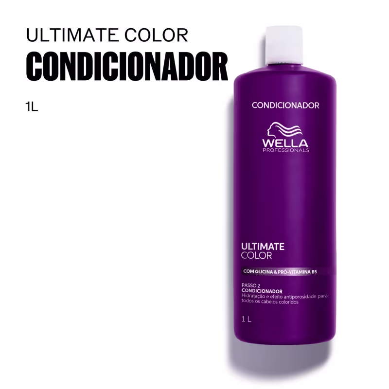 Condicionador Ultimate Color da Wella Professionals, em embalagem de 1L, com frasco de plástico de cor roxa predominante e rótulo com o nome do produto e logotipo da marca.