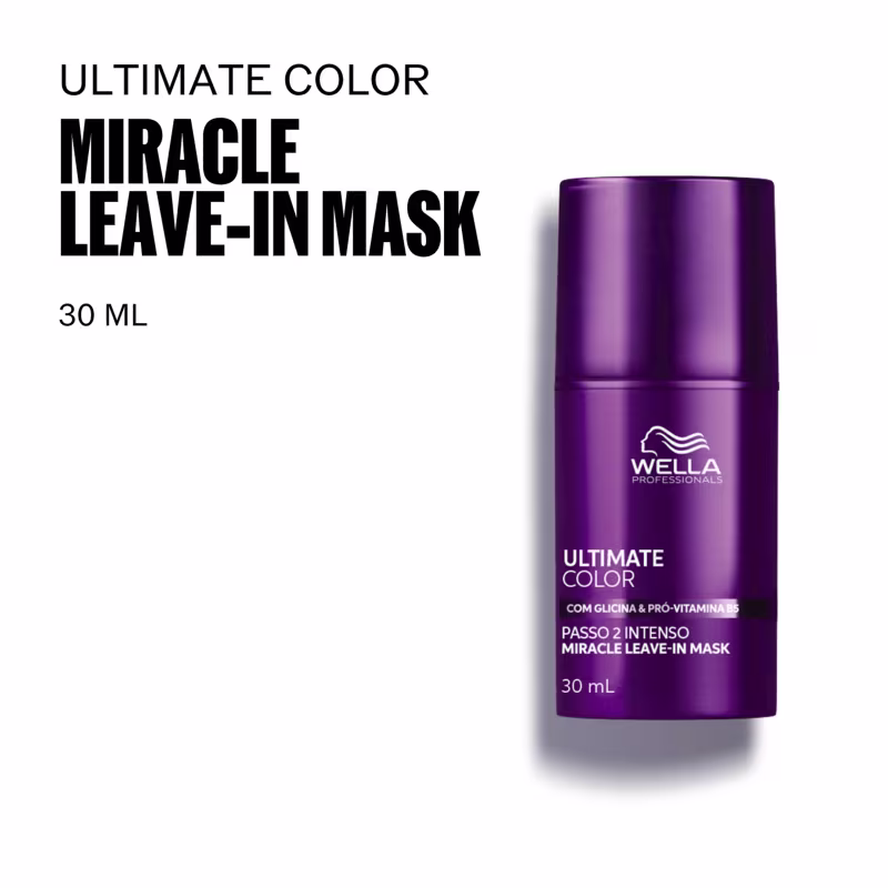 Frasco de máscara capilar da linha Ultimate Color da Wella Professionals, com 30 ml de volume, em embalagem roxa com detalhes em branco, apresentando o nome "Miracle Leave-In Mask" e informações sobre os benefícios do produto.