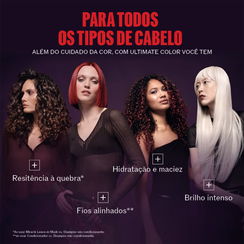 A imagem apresenta um anúncio da marca Wella Professionals, destacando modelos com diferentes cores de cabelo. Texto destaca  os benefícios do produto: resistência à quebra, fios alinhados, hidratação e maciez e brilho intenso.
