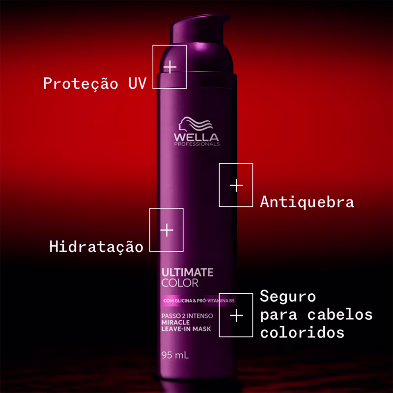 Frasco de produto de cabelo da marca Wella Professionals, na cor roxa, com rótulo destacando recursos como proteção UV, hidratação, antirresíduo e segurança para cabelos coloridos.