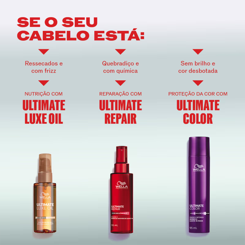 Se o seu cabelo está: Ressecados e com frizz, Nutrição com Ultimate Luxe Oil; Quebradico e com química, Reparação com Ultimate Repair; Sem brilho e cor desbotada, Proteção da cor com Ultimate Color.
