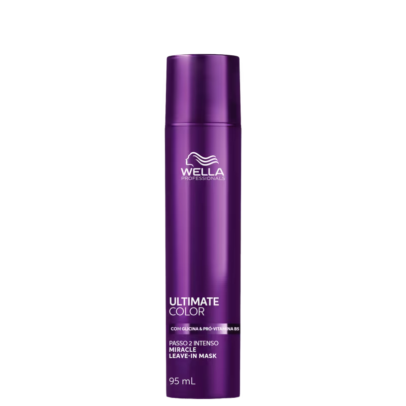 Frasco de máscara capilar da marca Wella Professionals, na cor roxa, com rótulo indicando "Ultimate Color" e "Passo 2 Intenso Miracle Leave-In Mask", com 95 ml de volume.