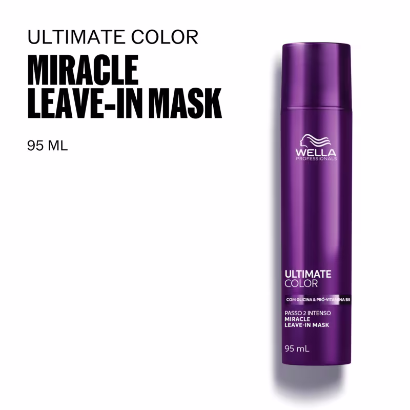 Frasco de máscara capilar da marca Wella Professionals, com 95 ml de capacidade, na cor roxa metálica. O rótulo destaca o nome "Ultimate Color Miracle Leave-In Mask" e menciona os ingredientes glicina e pró-vitamina B5.