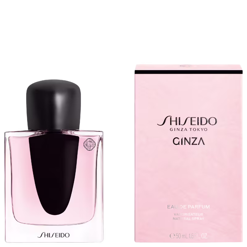 Frasco de perfume Shiseido Ginza, com embalagem rosa e preta, contendo um líquido rosa claro. O rótulo exibe o nome da marca "Shiseido" e "Ginza" em letras pretas.