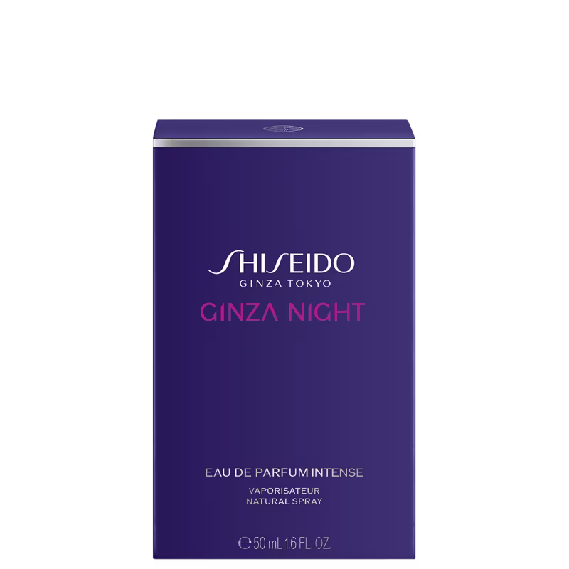 Caixa roxa da marca Shiseido Ginza Tokyo contendo um frasco de perfume Ginza Night, com rótulo em rosa e branco. O produto é descrito como um Eau de Parfum Intense, um spray natural.