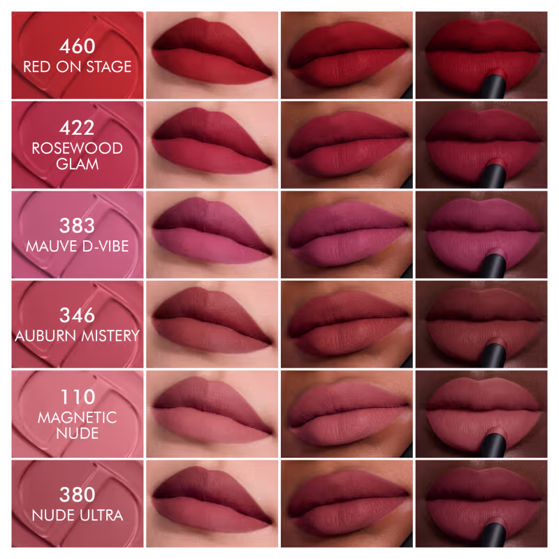 Apresentação de uma linha de batons da marca Dior, com diferentes tonalidades de vermelho e rosa, em um ambiente de maquiagem com fundo vermelho, destacando as cores e texturas dos produtos.
