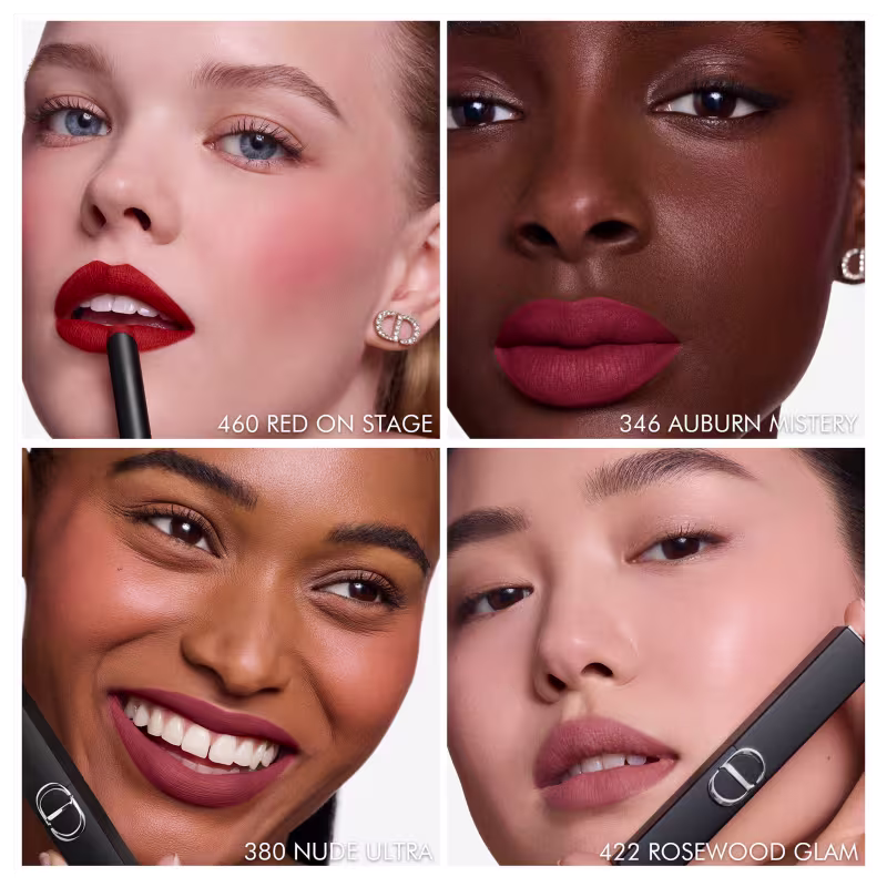 Quatro imagens de produtos de maquiagem da marca Dior, com diferentes tons de batom vermelho e rosa, em close-up dos lábios de modelos com diferentes tons de pele.