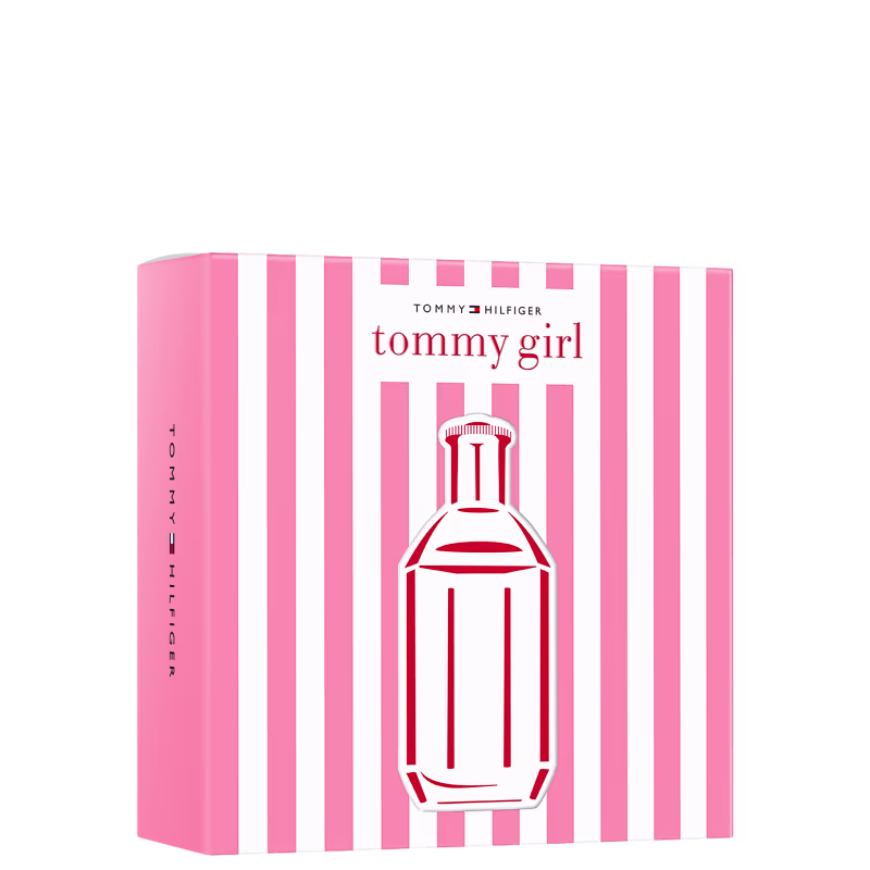 Caixa rosa e branca da fragrância Tommy Girl da marca Tommy Hilfiger, com o nome da fragrância e o logotipo da marca em vermelho destacado no centro da embalagem.
