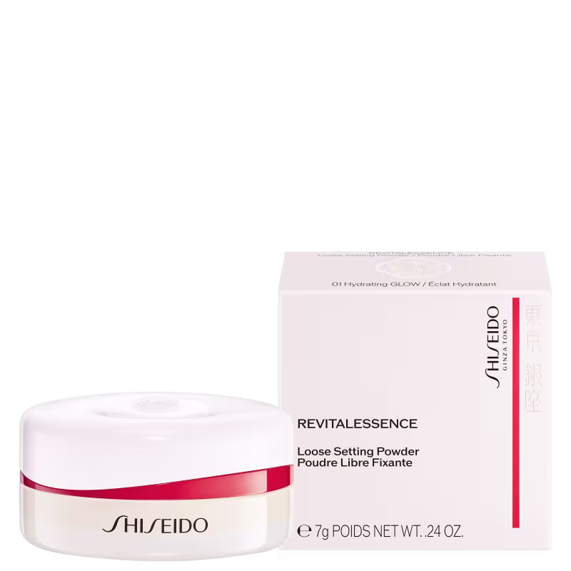 Pote branco de pó solto da linha Revitalessence da Shiseido, com rótulo vermelho e branco destacando o nome do produto.