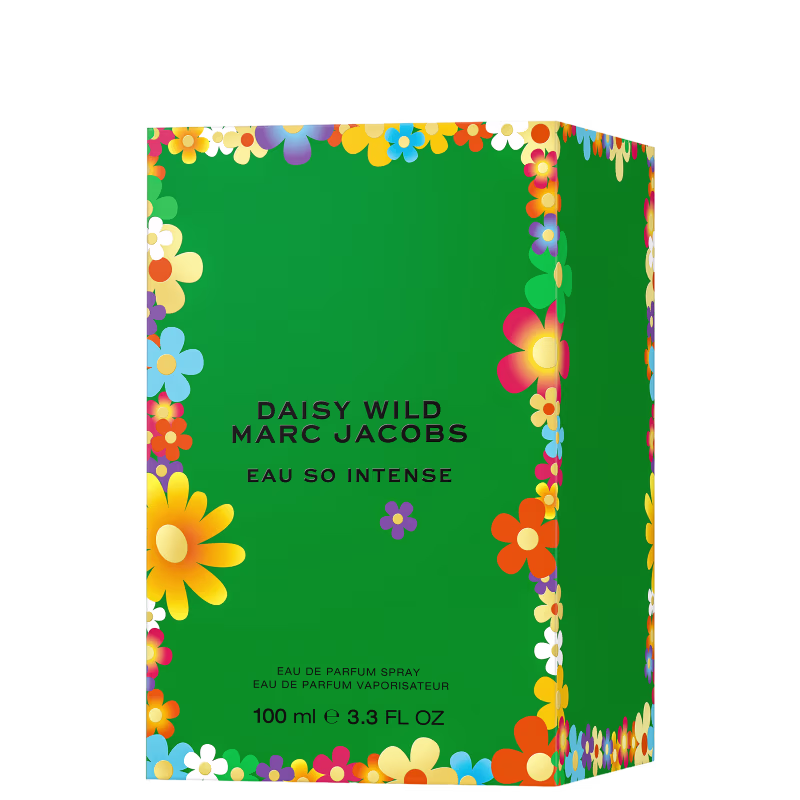 Frasco de perfume Daisy Wild da marca Marc Jacobs, com embalagem verde e flores coloridas em tons de amarelo, laranja e azul. Rótulo com o nome da fragrância "Eau So Intense" e informações do produto.