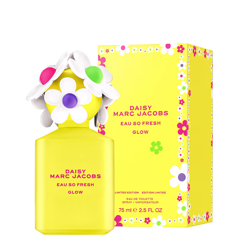 Frasco de perfume Daisy Marc Jacobs Eau So Fresh Glow, com embalagem amarela e flores coloridas, edição limitada, contendo 75 ml de produto.