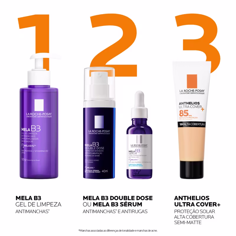 Produtos de beleza da marca La Roche-Posay, com destaque para os itens da linha Mela B3 e Anthelios Ultra Cover+, em cores predominantes de roxo e laranja, indicando produtos para tratamento de manchas e proteção solar.