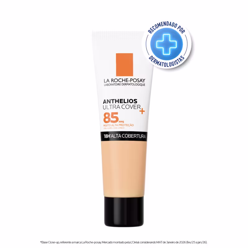 Tubo de protetor solar La Roche-Posay Anthelios Ultra Cover com FPS 85, embalagem laranja e branca, com rótulo destacando a alta cobertura e recomendação de dermatologistas.