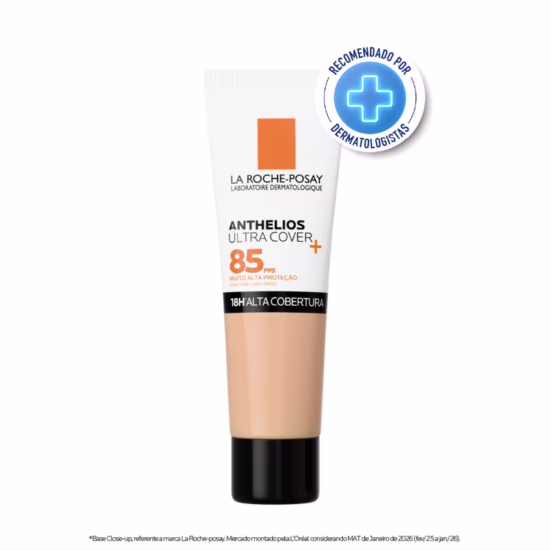 Tubo de protetor solar La Roche-Posay Anthelios Ultra Cover com FPS 85, embalagem laranja e branca, com rótulo destacando a alta cobertura e recomendação de dermatologistas.
