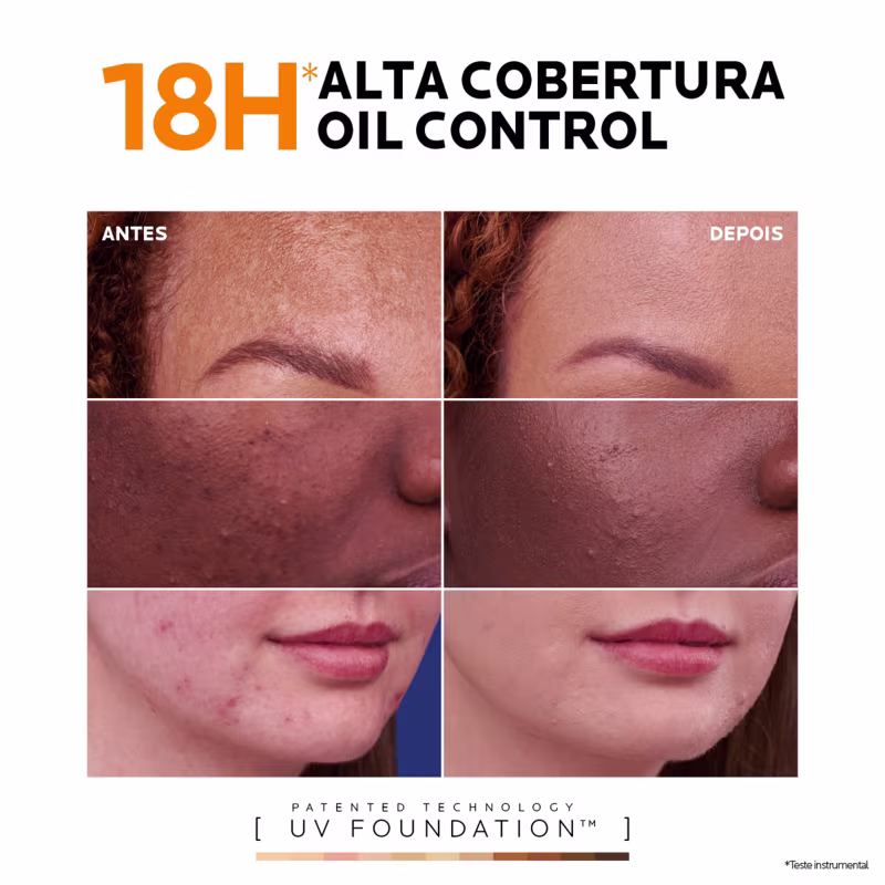 Texto no topo: 18H Alta Cobertura Oil Control. Imagens antes e depois da aplicação, destacando a tecnologia UV Foundation.