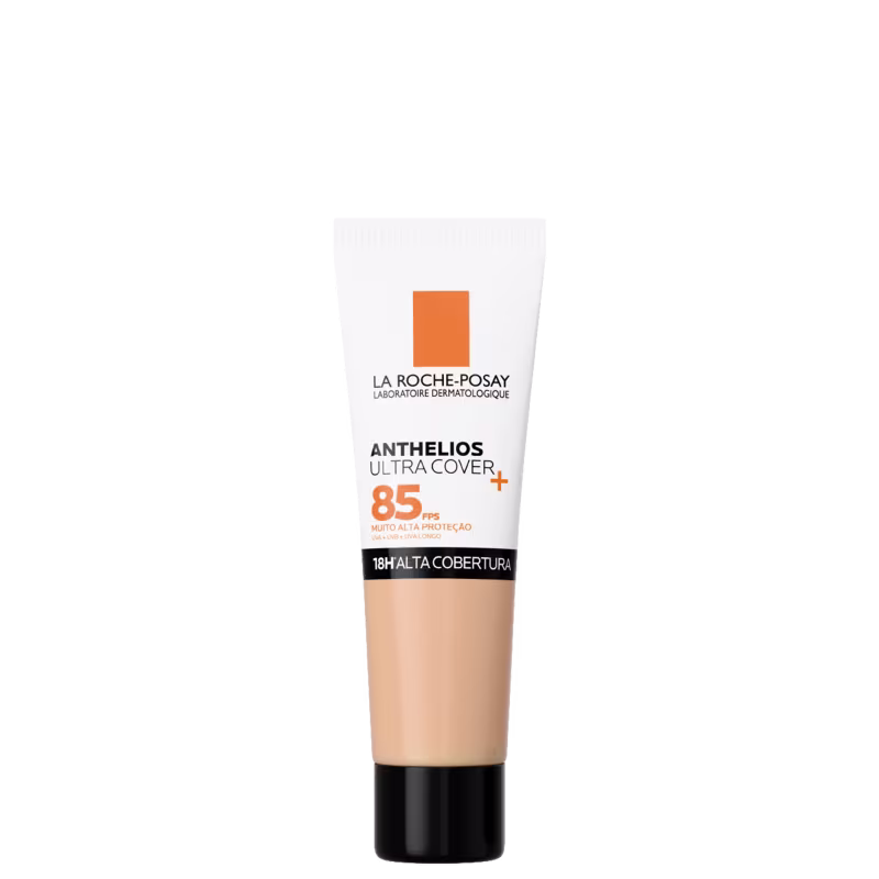 Tubo de protetor solar La Roche-Posay Anthelios Ultra Cover com FPS 85, embalagem branca e laranja, com informações sobre a alta proteção e cobertura.
