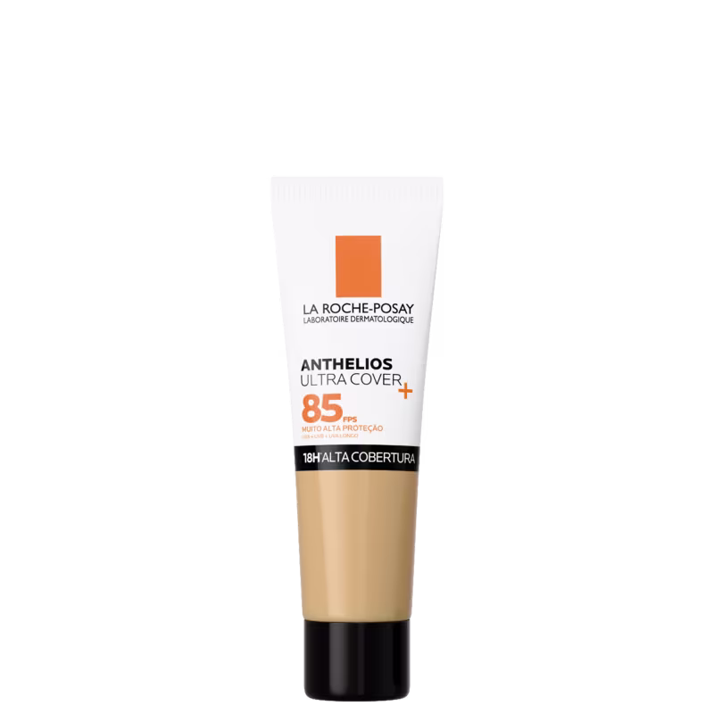 Tubo de protetor solar La Roche-Posay Anthelios Ultra Cover com FPS 85, embalagem branca e laranja, com informações sobre a alta proteção e cobertura.