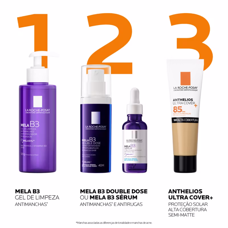 Produtos de beleza da marca La Roche-Posay, com destaque para os itens da linha Mela B3 e Anthelios Ultra Cover+, em cores predominantes de roxo e laranja, indicando produtos para tratamento de manchas e proteção solar.