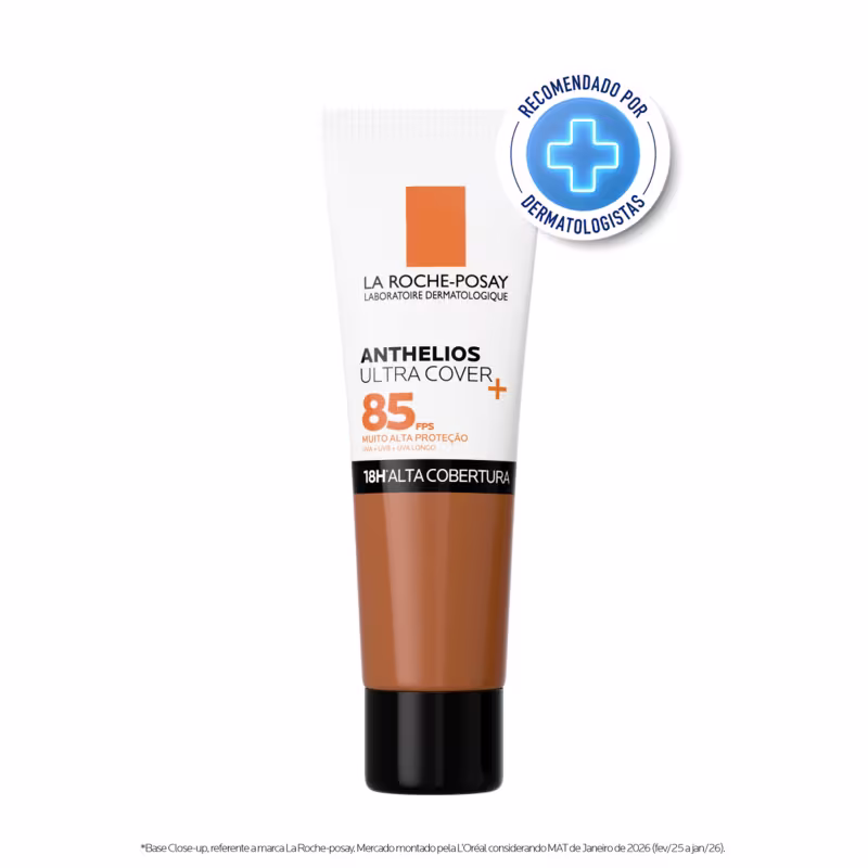Tubo de protetor solar La Roche-Posay Anthelios Ultra Cover com FPS 85, embalagem laranja e branca, com rótulo destacando a alta cobertura e recomendação de dermatologistas.