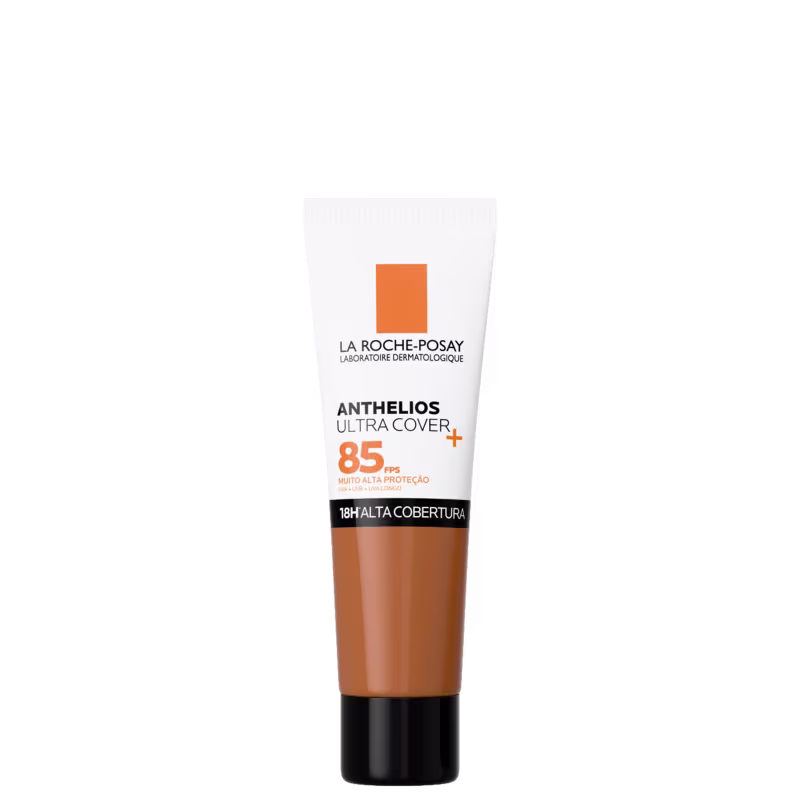 Tubo de protetor solar La Roche-Posay Anthelios Ultra Cover com FPS 85, embalagem branca e laranja, com informações sobre a alta proteção e cobertura.
