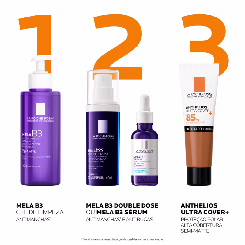 Produtos de beleza da marca La Roche-Posay, com destaque para os itens da linha Mela B3 e Anthelios Ultra Cover+, em cores predominantes de roxo e laranja, indicando produtos para tratamento de manchas e proteção solar.