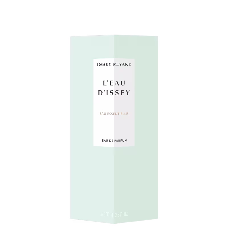 Frasco de item de perfumaria da marca Issey Miyake, com embalagem retangular de cor verde clara e texto branco "L'EAU D'ISSEY" e "EAU ESSENTIELLE" na parte frontal.