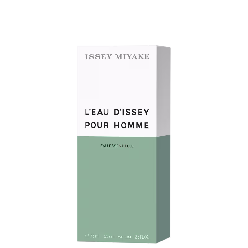Caixa branca com texto "ISSEY MIYAKE" e "L'EAU D'ISSEY POUR HOMME" em preto e verde, contendo item de perfumaria em embalagem retangular.