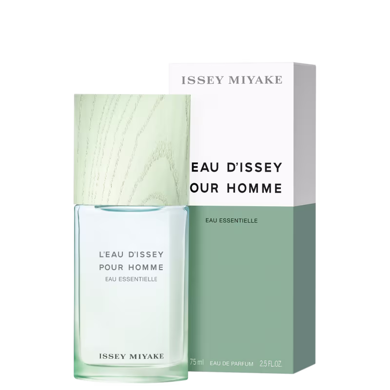 Frasco de item de perfumaria da marca Issey Miyake, com embalagem retangular verde-clara e rótulo branco com texto "Eau d'Issey Our Homme" em preto.