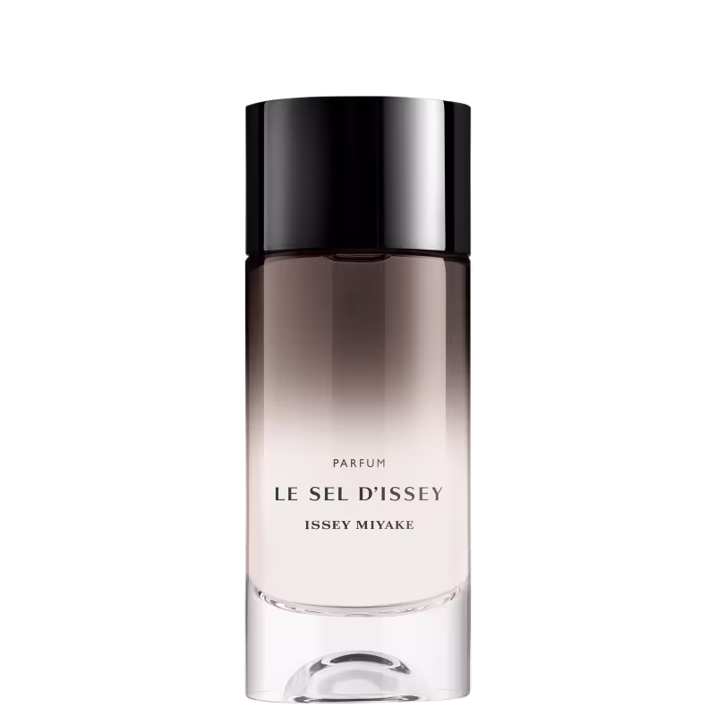 Frasco de item de perfumaria da marca Issey Miyake, com formato cilíndrico, predominância de cores preto e branco, e rótulo com o nome "Le Sel d'Issey" em destaque.
