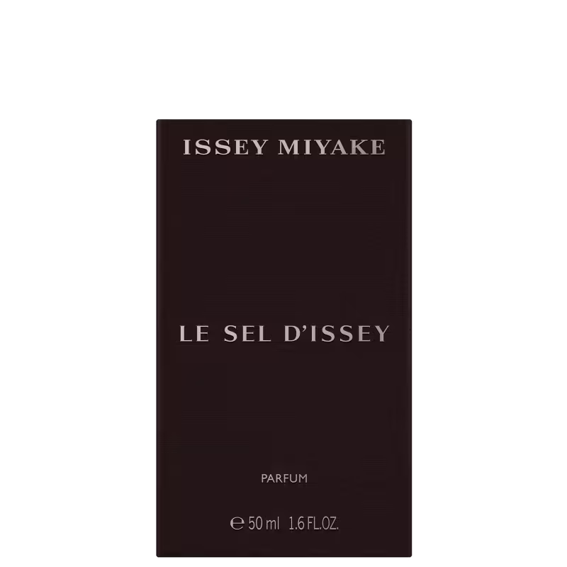Frasco de item de perfumaria da marca Issey Miyake, com rótulo em fundo escuro exibindo o nome da marca e o nome do produto "Le Sel d'Issey".