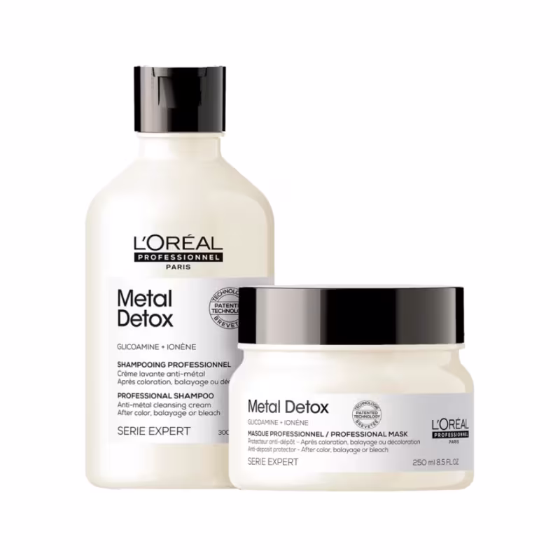 O produto apresentado é uma linha de cuidados capilares da marca L'Oréal Professionnel chamada Metal Detox. Consiste em um shampoo em um frasco plástico branco opaco com tampa preta e um creme de tratamento em um pote branco opaco com tampa preta.