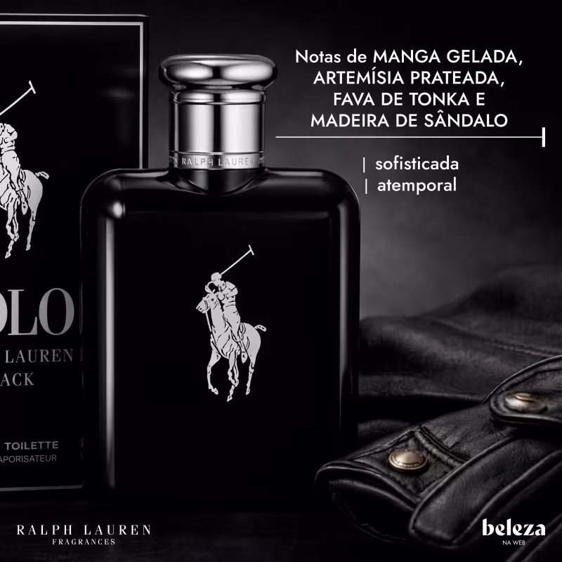 Frasco de item de perfumaria da marca Ralph Lauren com notas de manga gelada, artemísia prateada, fava de tonka e madeira de sândalo, apresentado em embalagem preta com logotipo da marca.
